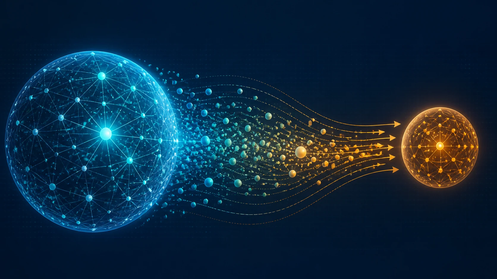 A large teacher neural network transferring a rich stream of signals into a smaller student model